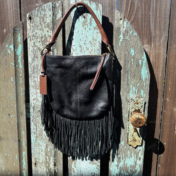Fossil Black & Brown Fringed Leather Shoulder Bag - Picture 1 of 7